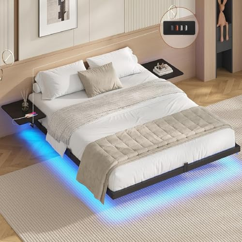 AOGLLATI Floating Bed Frame with LED Lights and Charging Station King Size Bed Frame with Storage Shelves Metal Platform Bed Frame,Under-bed Storage/Noise Free/Black (King-150x200cm)