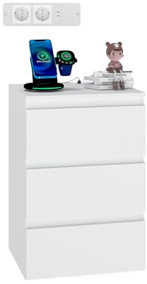 Songvas Kommode, 40 cm Breit, mit 3 Schubladen, 2 AC-Steckdosen und 2 USB-Anschlüssen, Klein Schrank mit Steckdose,Modern, weiß, 40 x 35 x 60 cm