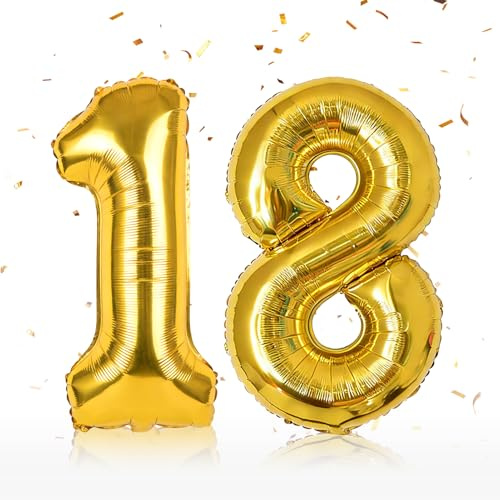 40 Zoll Gold Folienballon Zahl 18, Deko für 18. Geburtstag Erwachsenwerden | Große Zahlen Luftballon, Zahlenballons 1 & 8, Geburtstagsdeko, für Party Deko Zuhause, Fotowand & Jubiläum Feier