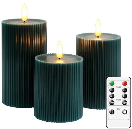 CiimWaa LED Kerzen 3 Stück Flammenlose, Led Kerzen mit Timerfunktion Batteriebetrieben, Echtwachs-Stumpenkerzen Flackern mit Fernbedienung für Dekoration, Weihnachten, Hochzeit (Grün)