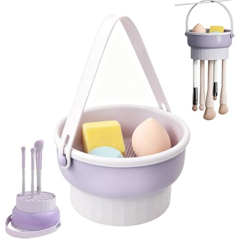 Limpiador de brochas de maquillaje, 3 en 1, de silicona, para limpiar, guardar y secar brochas de maquillaje y esponjas de maquillaje (morado)