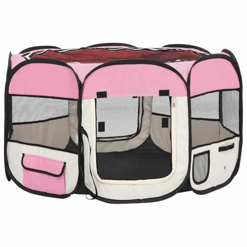 Box pieghevole per cuccioli con borsa per il trasporto, rosa, 110 x 110 x 58 cm, per cani come posto letto o area gioco, robusta struttura in acciaio, lati in rete per la circolazione dell'aria