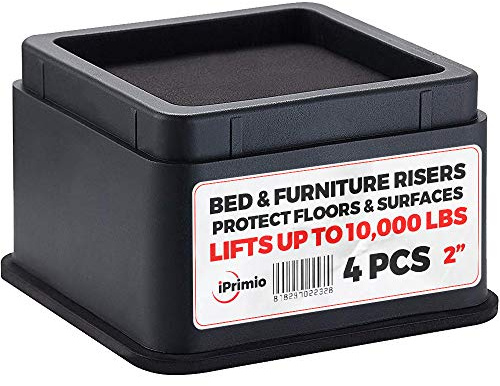 iPrimio Bed Risers - Heavy Duty Furniture Riser, Chair, Sofa Risers, Table Leg Extenders, Ideal for Floor Bed, Bed Table, Square Furniture Raising Blocks, Up to 10000 lbs - 4 Pack | Adds 2 inch of lift to beds, sofas, tables and desks and holds up to 10000 lb. Non slip base protects your floors and carpet.