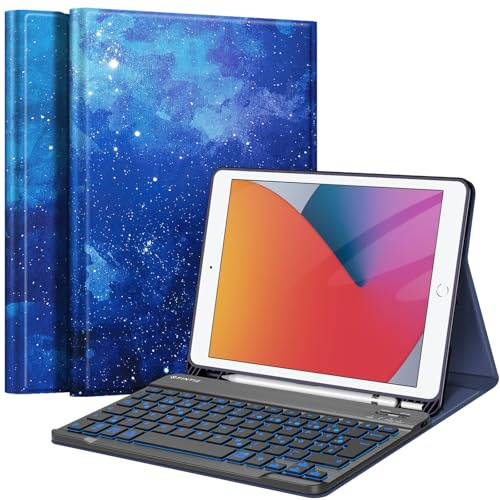 FINTIE Hülle mit Tastatur für iPad 9./8./7. Generation (10.2 Zoll) | 7 Farben Beleuchtete, Magnetisch abnehmbare, deutsche Bluetooth-Tastatur, Schutzhülle mit Stifthalter, Sternenhimmel