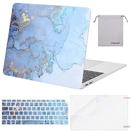 MOSISO Hülle Kompatibel mit MacBook Air 13 Zoll 2021 2020 2019 2018 A2337 M1 A2179 A1932,Plastik Harte Schale Case&Tastaturschutz&Displayschutz&Lagertasche，Wasser Blau Marmor