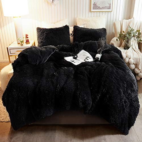 XeGe Plush Shaggy Duvet Cover Set, Luxury Ultra Soft Crystal Fluffy Bedding Sets 3 Pieces(1 Furry Faux Fur Comforter Cover + 2 Fuzzy Faux Fur Pillow Cases), Zipper Closure(Queen, Black)