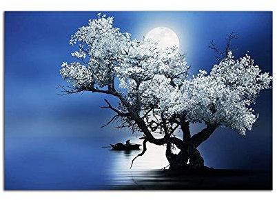 Startonight Impression sur Verre Acrylique Tableau - Arbre et Lune Bleu - Moderne Image pour la Décoration de la Maison 60 x 90 cm