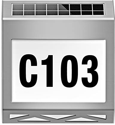 Solar Hausnummernleuchte LED, 6000K Beleuchtetes Hausnummerschild Aussenbereich Solar Hausnummer LED Edelstahl Solarbetriebene Lichter IP54 Wasserdicht Solarleuchte mit Nummern 0-9 & Buchstaben A-E
