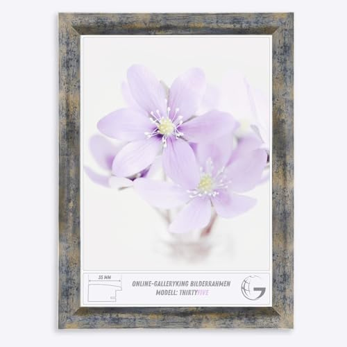 Online-GalleryKing OGK Thirtyfive - Bilderrahmen 48x64 cm Blau Gold Silber mit MDF Holz Rahmen vollummantelt, Anti-Reflex Kunstglas 1 mm und HDF Rückwand 3 mm - Fotorahmen für Hoch- und Querformat