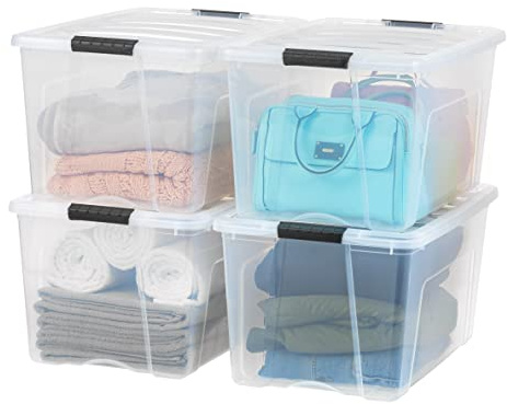 IRIS USA 72 QT Plastic Storage Box with Lid and Latches - 4 Pack - BPA-Free, See-Through Organizing Solution, Durable Nestable Stackable Containers, Secure Pull Handle - Clear