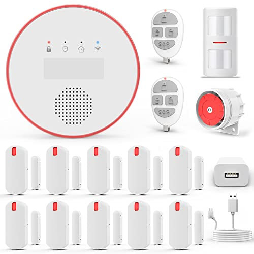 YISEELE Alarmas para casa WiFi, 16-Pieza Kit con App, Sistemas de Seguridad para el Hogar con 10 Sensor Puertas, 1 Anti-Pet PIR, 2 Control Remotos, 1 Sirena con 120DB, Compatible con Alexa