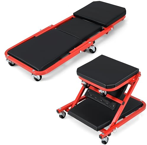 TANGZON 2-In-1 Folding Mechanics Creeper Seat, 150KG Convertible Padded Rolling Car Creeper with 6 Universal Wheels, Heavy Duty Roller Garage Seat (150kg, Black+Red, 93 x 42 x 12 cm)