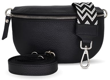 Bella Blossom Bauchtasche Damen, Umhängetasche aus 100% Echtleder, Elegante Crossbody-Bag mit gemusterten & verstellbaren Schultergurt, Schultertasche für jeden Anlass Schwarz3 M