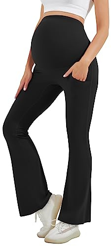 HEGALY Dam moderskap utsvängda leggings över magen – vardaglig graviditet yogabyxor med fickor, mjuk mjuk, Svart, L