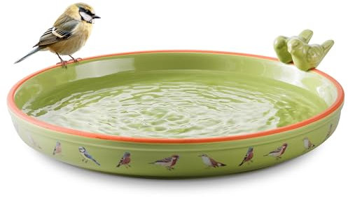 Navaris Vogeltränke Keramik groß - Vogeltränke frostsicher - Trinkschale für Vögel - Design Schale - Vogelbecken für den Garten oder Balkon - grün