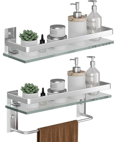 Danpoo 2-Tier Bathroom Shelves Wall Mounted Glass Shelf Tempered Shower Shelf with Aluminium Rail,Shower Stroage Bathroom Organiser Shelves,Silver