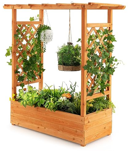 HOMASIS Fioriera da Esterno con 2 Grigliati e Tettuccio, Fioriera con Spalliera in Legno, Vasi per Piante da Esterno per Piante Rampicanti da Balcone (Arancione, 100 x 44 x 113,5 cm)