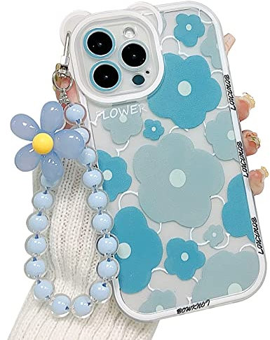 NITITOP Compatible for iPhone 15 Pro Max Case Clear Cute Flower Floral Bear for Girls Women Pattern with Chain Lanyard Wrist Strap Soft TPU Shockproof Protective Girly - Blue