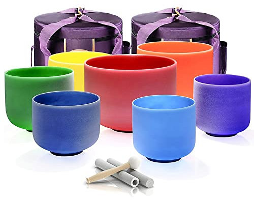 Cuenco Tibetano de Cristal de Cuarzo arcoíris, Juego de 6 a 12 Pulgadas, 7 Piezas, Sonidos calmantes y curativos para Terapia de sanación con Sonido y meditación, Ajuste del Estado