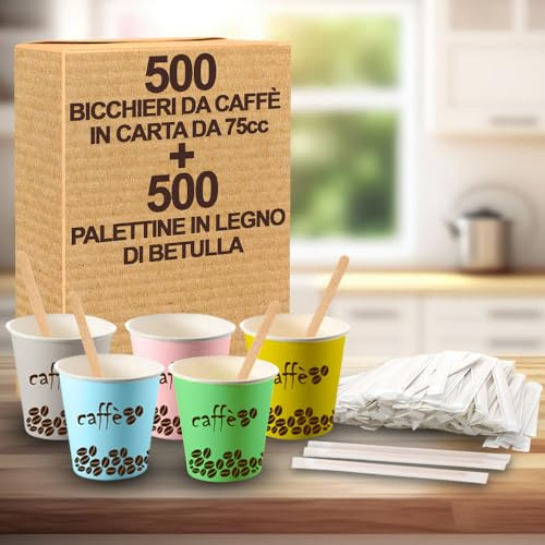 Generico GM Kit Caffe' - 500 Bicchieri Caffè in Cartoncino mix Color da 75 ML + 500 Palettina da Caffe' in Legno di Betulla Imbustate Singolarmente