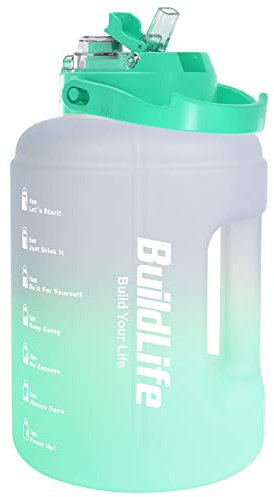BuildLife Sportvattenflaska 2,5 l – drickflaska, läckagesäker, drickflaska med tidsmarkering, 2-i-1 lock, vattenflaska och drickflaska, BPA-fri för gym (violett grön, 2500 ml)