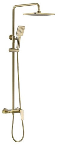 BiaoTeng Colonne de Douche Avec Mitigeur pour BaigNoire Or Brossé, Douchette a Main 3 Modes Monocommande Systeme Douche Murale, Or Brossé