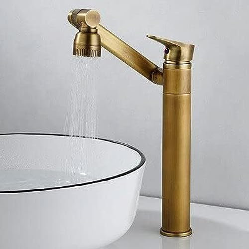 Multifunktions-Badezimmer-Wasserhahn, antike Bronze, Waschbecken-Wasserhahn, Heiß- und Kaltwassermischer, Kran, Deckmontage, Universal-Wasserhähne, Gold, hoch (Color : Antique tall)