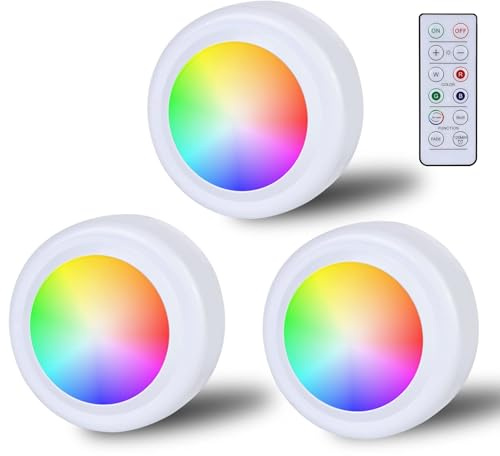 RGB Spots Batteriebetrieben Mit Fernbedienung: 16 Farbwechsel Schrankbeleuchtung Dimmbar Vitrinenbeleuchtung Kabellos LED Touch Lampe Timer Und Memoryfunktion Spot Batterie Zum Klebepads-3Stl