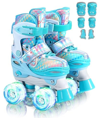 Roller Skates for Girls, Roller Skates 4-Size Adjustable with 6 Protective Gear Set, 8 Light Up Wheels Kids Roller Skate for Toddler Girls Youth Beginner, Ideal Christmas Birthday Gift
