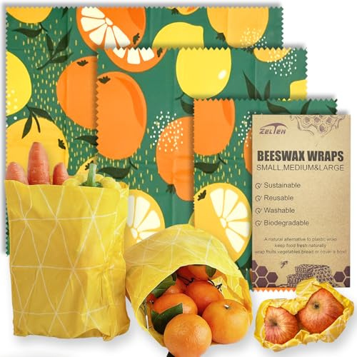 Beeswax Reusable Food Wraps - (3 Packs, 3 Sizes S,M,L) Plastic and Silicone Free, Eco-friendly Wrap, Wax Paper for Food,Orange