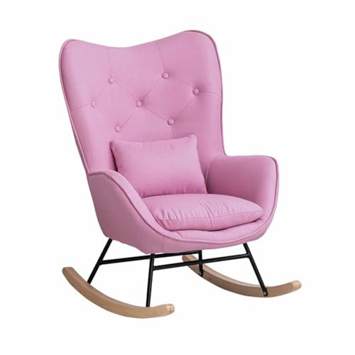 RYDZCLH Schaukelstuhl Aus Holz Und Metall, Stoffsessel Mit Hoher Rückenlehne, Sessel, Schaukelstuhl Fürs Kinderzimmer, Bequemer Beistellstuhl Für Wohnzimmer, Schlafzimmer, Büro, Akzentstuhl,Rosa
