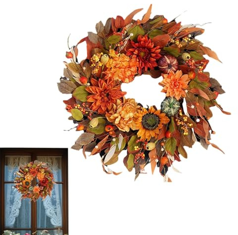 Coronas de Navidad artificiales | Corona de Navidad de 16.5 pulgadas, corona de puerta de calabaza de otoño, adornos de Navidad, guirnalda de arce artificial para puerta delantera