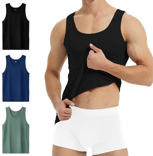 YouShow Undertröja för män, 3/5-pack, 100 % bomull, linne, finribbad, 1 x svart + 1 x marin + 1 x oliv, 3XL