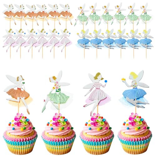 Silars Decorazione Torta Fata, 24 Pezzi Cake Topper Fatine Decorazioni Compleanno Tema Fate, Topper Torta Fata per Bambini Festa di Compleanno