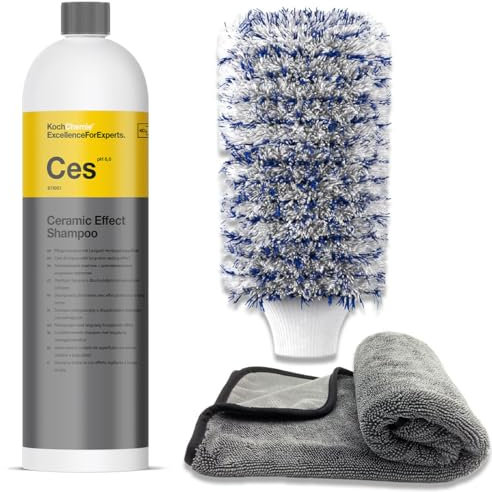 Koch Chemie Ceramic Effect Shampoo Ces 1L Set con efecto de sellado, guante de lavado, paño seco, champú para coche, efecto protector de cerámica, sellador de coche