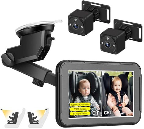 MYPIN Cámara y monitor de coche de bebé de 5 pulgadas para asiento trasero, 2 cámaras HD 1080P con función de visión nocturna IR, visión amplia de 150° con soporte de ventosa reutilizable, seguridad