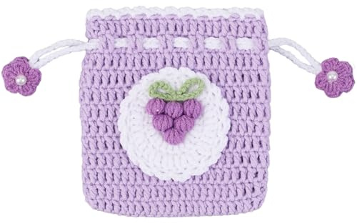 GORGECRAFT Piccole Borse con Coulisse all'Uncinetto Piccole Borse all'Uncinetto Fatte A Mano Viola UVA dei Cartoni Animati Perle Finte Borsa Portaoggetti Lavorata A Maglia Kawaii Porta Monete