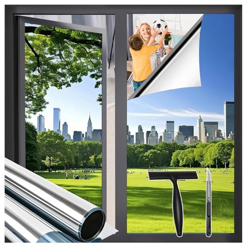 Zindoo Hitzeschutzfolie Sonnenschutzfolie Spiegelfolie 44.5x120cm 2er Set | Fensterfolie von Innen Durchsichtig von aussen Blickdicht Tageszeit, Thermofolie, UV-Schutz, Rückstandslos Entfernbar