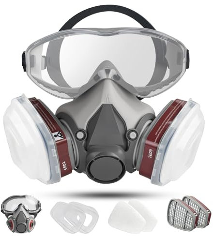 Maschera Antigas con Occhiali di Sicurezza e Filtro, Maschera Respiratoria Riutilizzabile Antipolvere, Maschera per Levigatura, Lavori Edili, Verniciatura a Spruzzo, Prodotti Chimici, Taglio