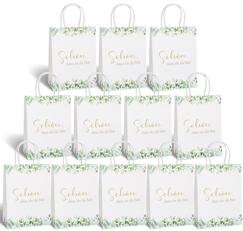 TUZELIYA Geschenktüte Hochzeit - 12 Stück Geschenktüten Schön dass Du Da Bist Papiertüten mit Henkel Mitgebsel Tüten Hochzeit Geburtstag Gastgeschenke Kommunion Taufe 21x 15 x 8cm