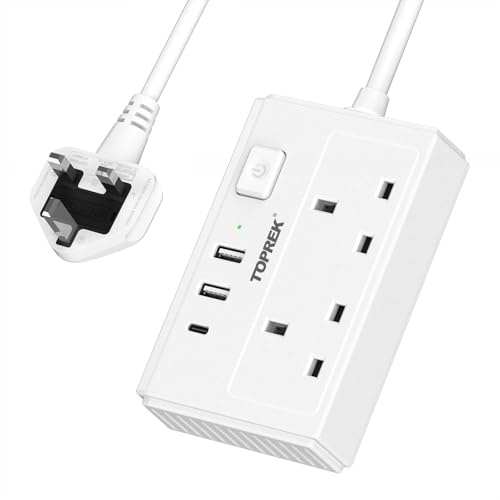 TOPREK 2 Way Extension Lead with USB Slots, 2 AC Outlets + 1 USB-C + 2 USB-A Ports, 1.5m Extension Cable with Switch, Slim Flat Plug (0.57inch) for Home/Office/Travel