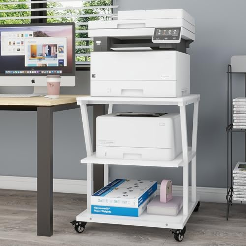 PUNCIA Soporte para Impresora con Ruedas 50 x 50 cm Mesa para Impresora de 3 Niveles Móvil de Madera y Metal Carro para Organización con Estantes de Almacenamiento para Oficina Hogar Escuela (Blanco)