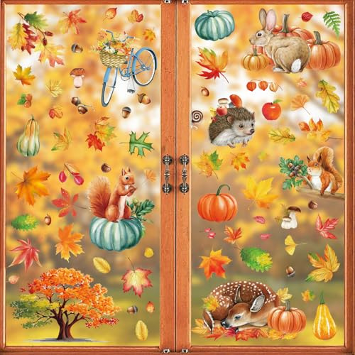 ALEGRE® Herbst Fensterbilder Selbstklebend,9 Blätter Fenstersticker Thanksgiving Herbstdeko Fensterbilder,Erntedankfest Fensteraufkleber,Thanksgiving Fensterdeko,Kürbis Ahornblätter Deko PVC Aufkleber