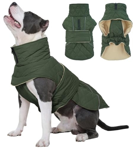 Kuoser Hundejacke Hundemantel für Mittelgroße Große Hunde, Winterjacke Hund Wasserdicht Warm, Verstellbarer Hundemantel mit Fleece und Reißverschluss-Leinenöffnung, L Grün