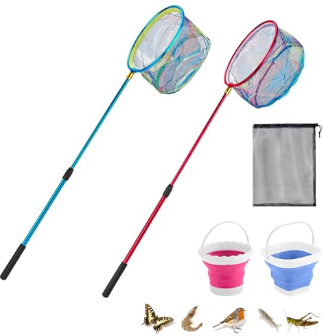 2PCS Telescoping Kids Fishing Net with Handle and Collapsible Bucket Kits-with Lightweight Aluminum Pole,Suitable for Catching and Releasing Fish,Minnow,Crabs,Butterfly,Frogs or Small Animals Outdoor