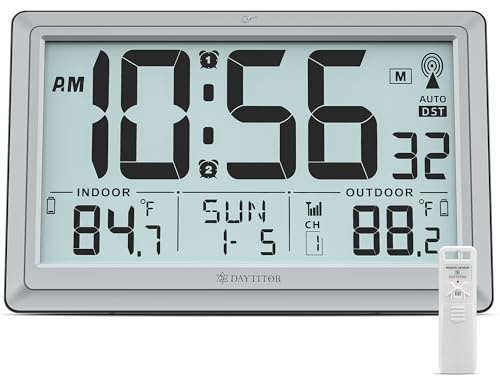 DAYTITOR Orologio atomico con temperatura interna/esterna, orologio digitale automatico a batteria, grande display da 10,5 pollici, orologi da parete o da scrivania per camera da letto, soggiorno