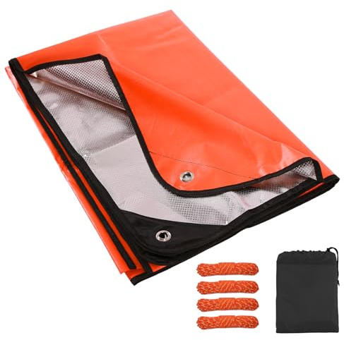 REDCAMP Manta de supervivencia aislada con 4 cuerdas de viento, 210 x 150 cm, manta de emergencia reutilizable y gruesa, para todo tipo de climas, impermeable, para camping, senderismo, exterior