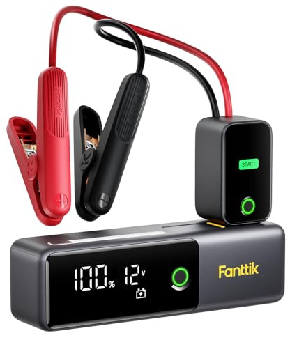 Fanttik Potent T10 1800A Portable Jump Starter, 12000mAh Power Bank, 12V Safe Lithium Jump Box with Smart SenseClamp, Retractable Charging Cable, Battery Booster for 7.0L Gas and 5.0L Diesel Engines