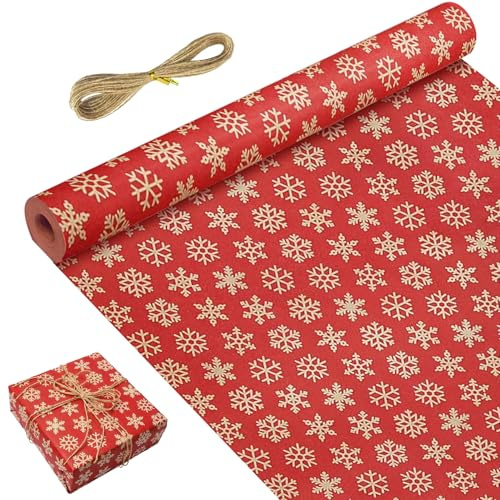 ZHYUGOYA 43cm *15m Christmas Wrapping Paper Roll, Elk Xmas Wrapping Paper with 10m Twine, Recyclable Brown Wrapping Paper Roll, Gift Wrapping Paper for Party Birthday (Snowflake)