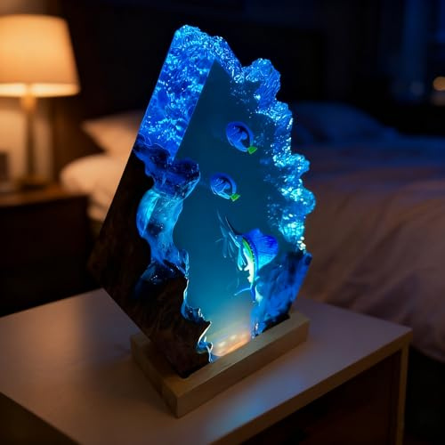 Drawelry Ocean Resin Lamp, Handmade Underwater Night Light Fish Coral Reef, Whale Shark Diorama with LED Crystal Lights Bedroom Desk Christmas Decor for Marine Lovers (Sailfish)